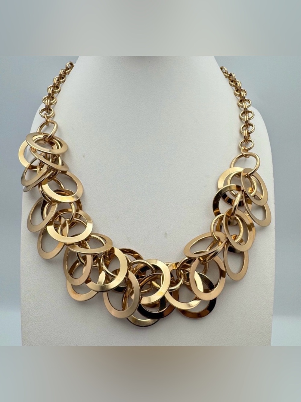 Gold Tone Multi Ring Statement Necklace Adjustable Chunky Link Collar